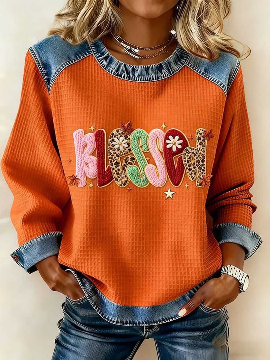 Women's Blessed Thanksgiving Printed Denim Patchwork Waffle Top