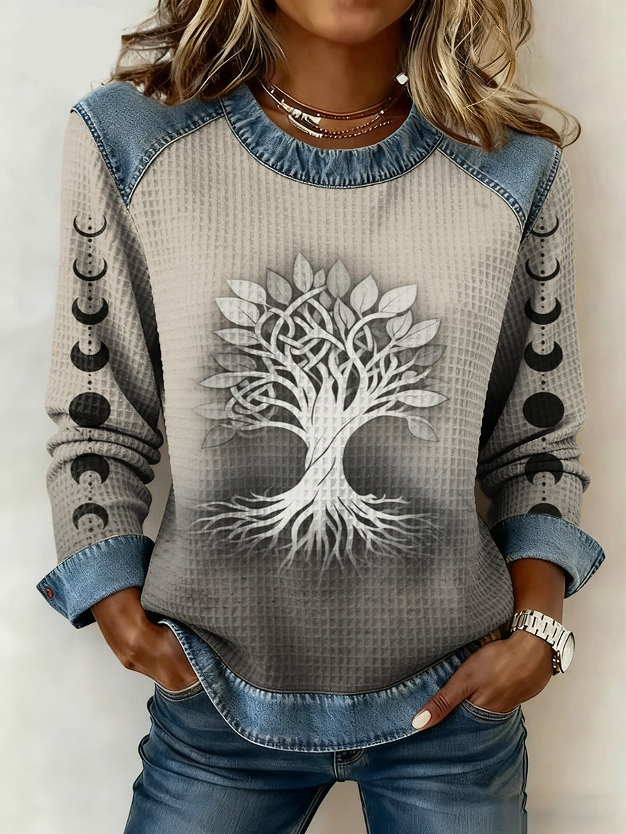 Women's Viking Celtic Knot Tree Of Life Gradient Print Long-Sleeved Waffle Top