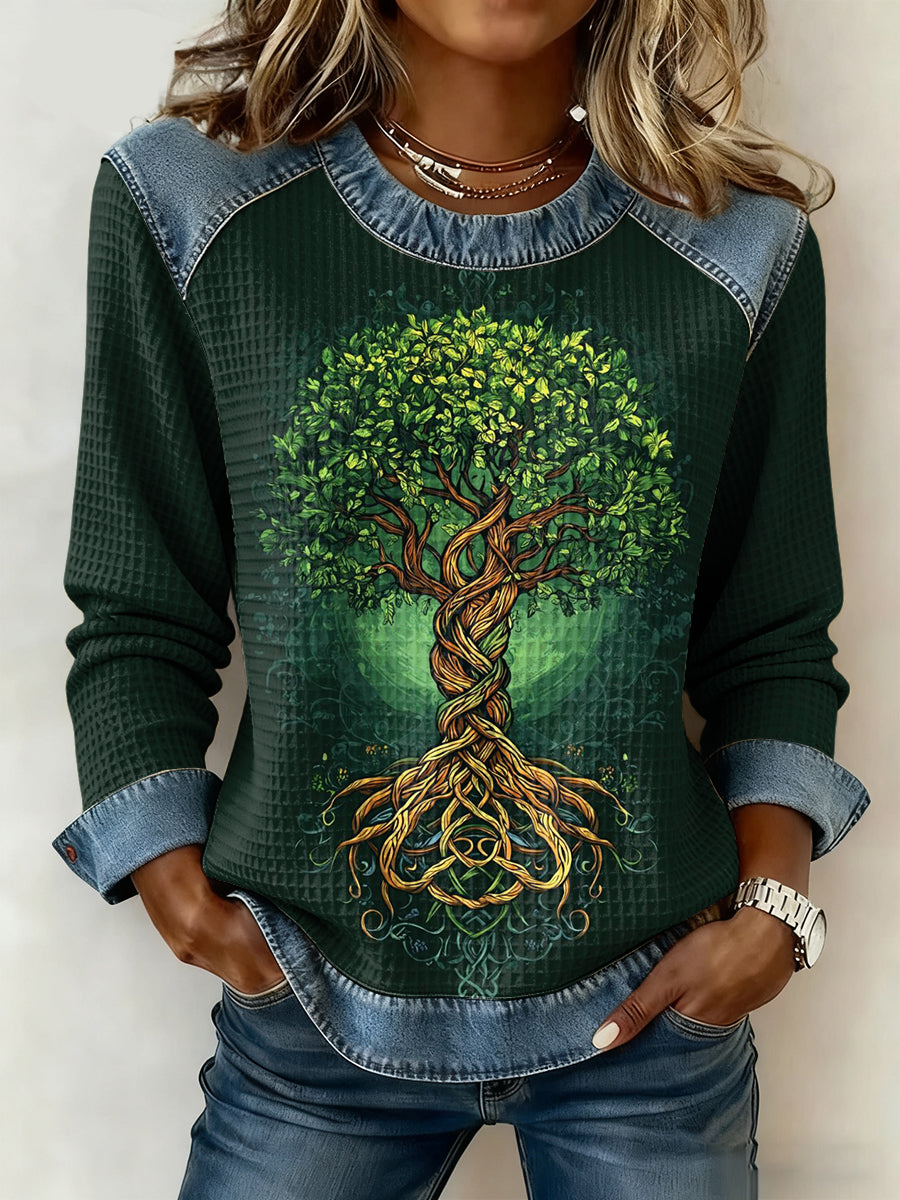 Women's Viking Celtic Knot Tree Of Life Gradient Print Long-Sleeved Waffle Top