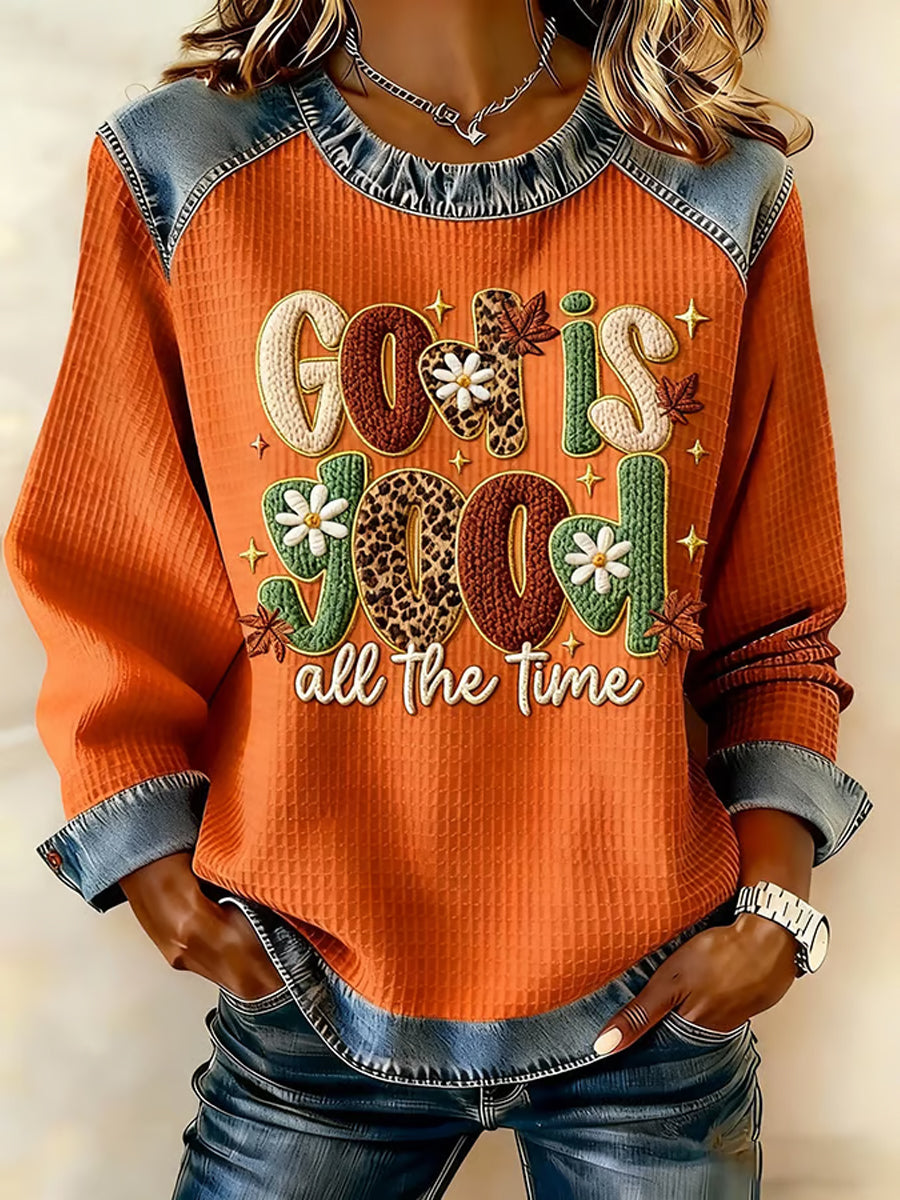 Women's Thanksgiving God Is Good All The Time Printed Denim Patchwork Waffle Top