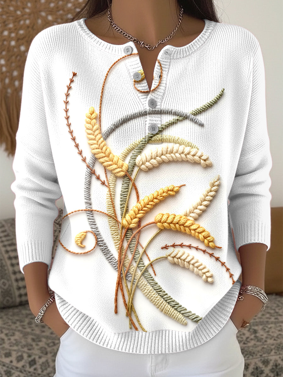 Women's Rice Ear Thanksgiving Autumn Henley Neck Sweater