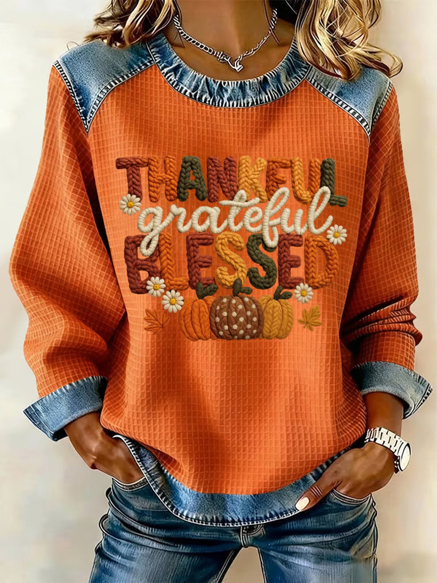 Women's Thanksgiving Print Waffle Sweatshirt