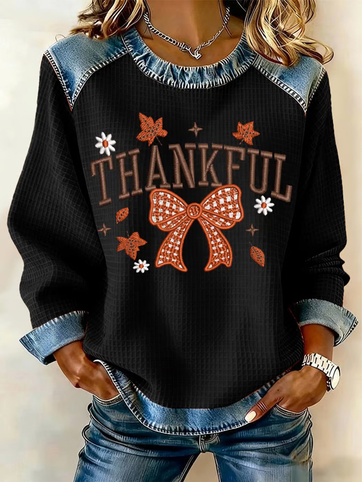 Women's Thanksgiving Print Waffle Sweatshirt