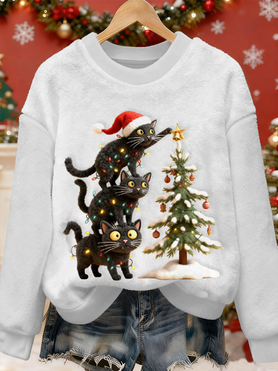 Women's Cute Christmas Cat Art Print Casual Flannel Sweater