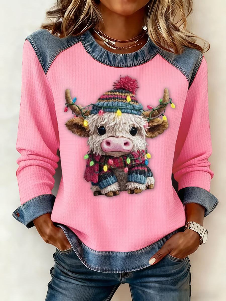 Women's Casual Retro Western Cute Christmas Highland Cow Denim Patchwork Top