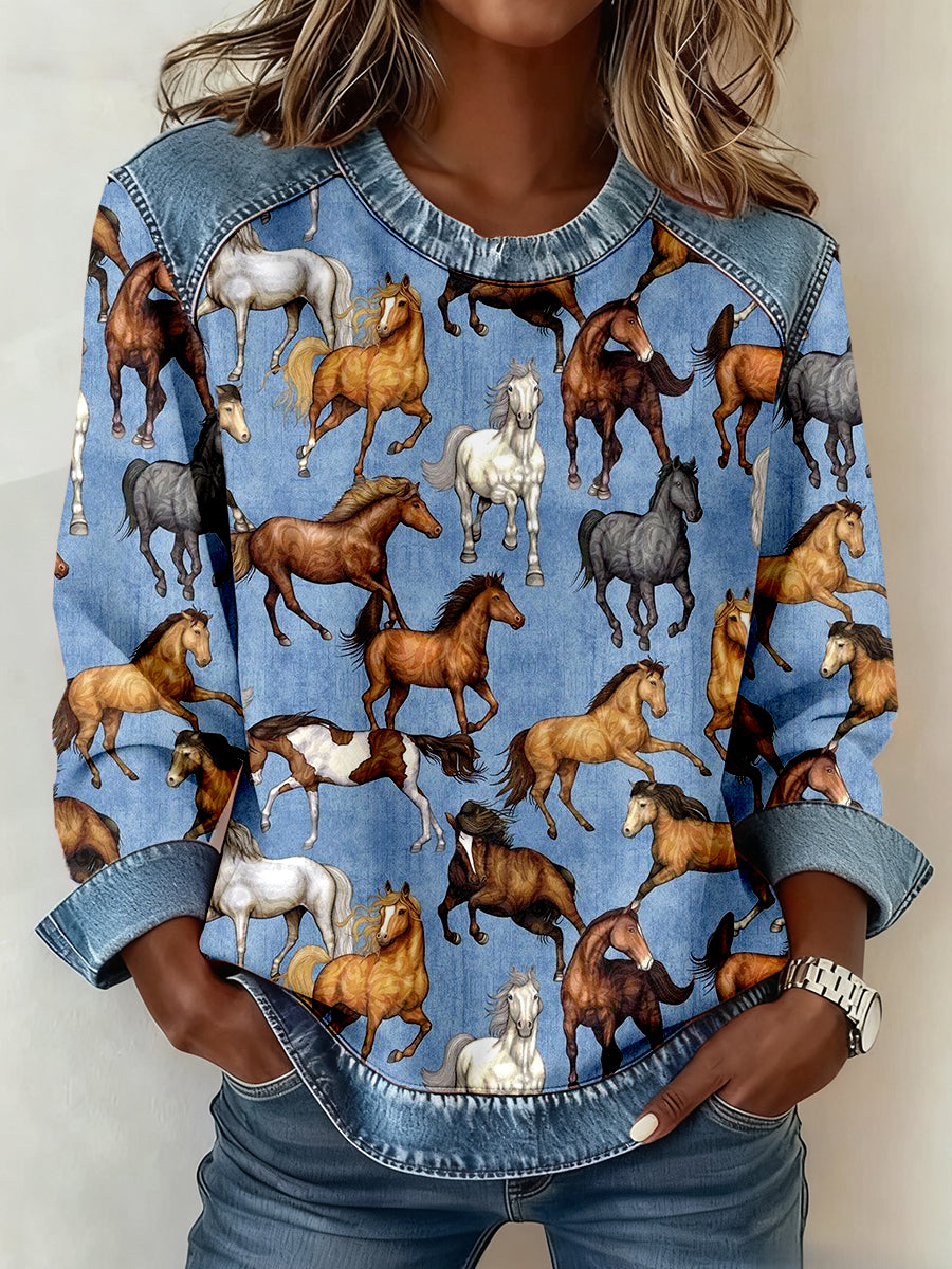 Women's Western Horse Art Print Denim Patchwork Sweatshirt