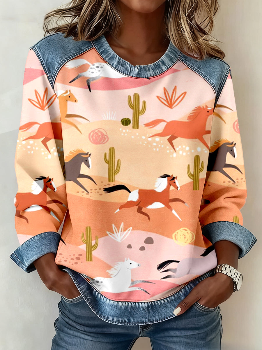 Women's Western Horse Art Print Denim Patchwork Sweatshirt