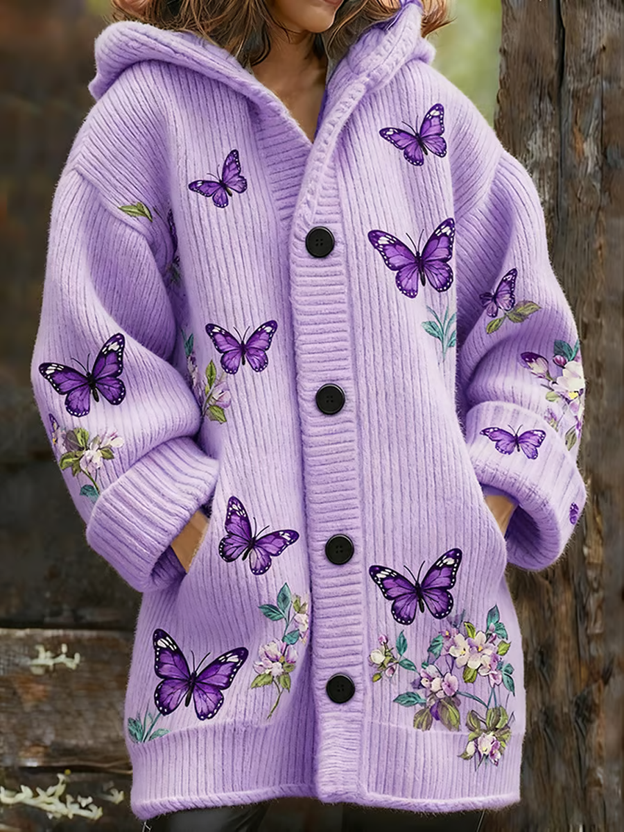Women's Butterfly and floral print eight-pit composite fleece coat