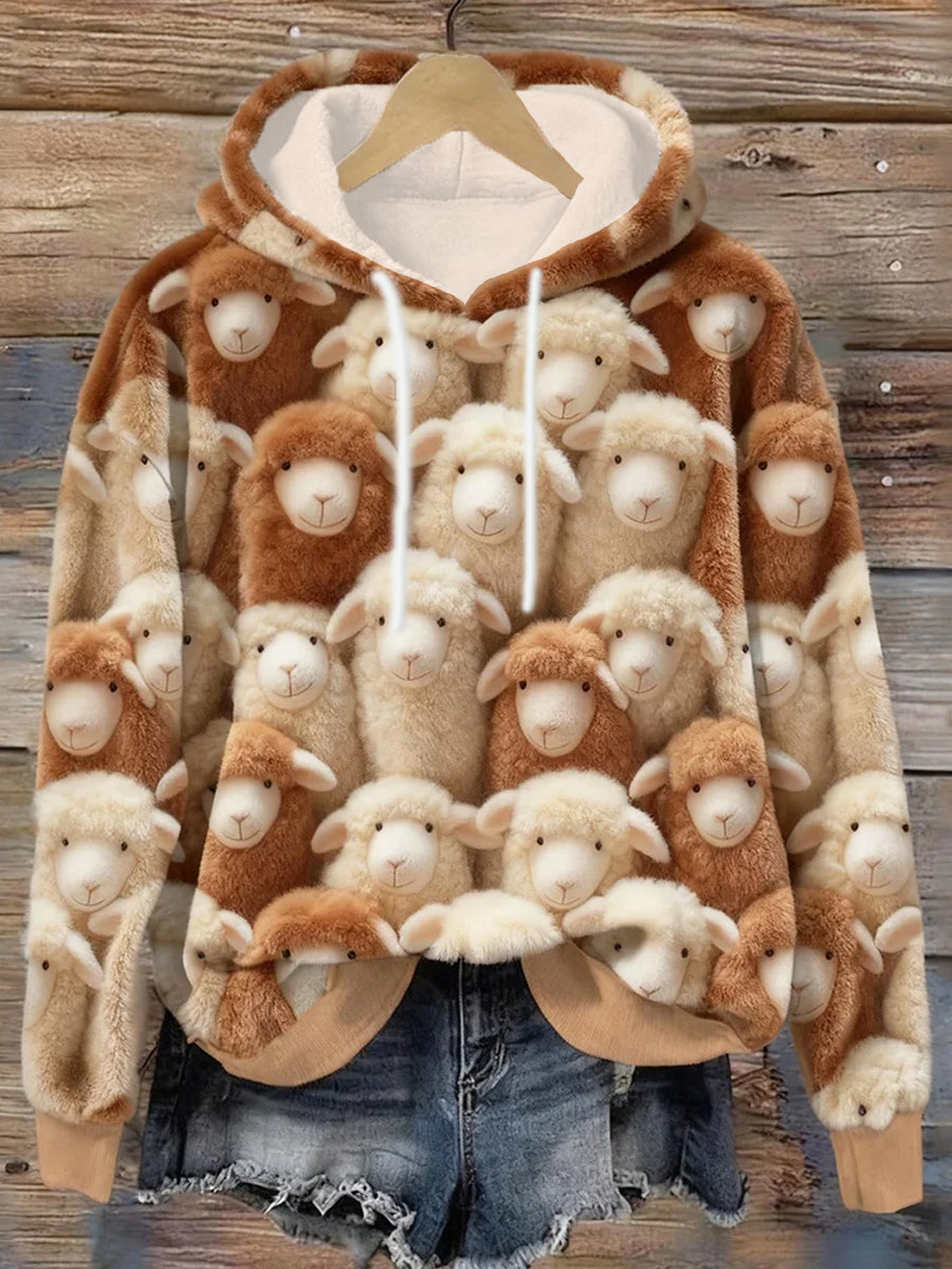Women's Cute Sheep Print Casual Flannel Hoodie