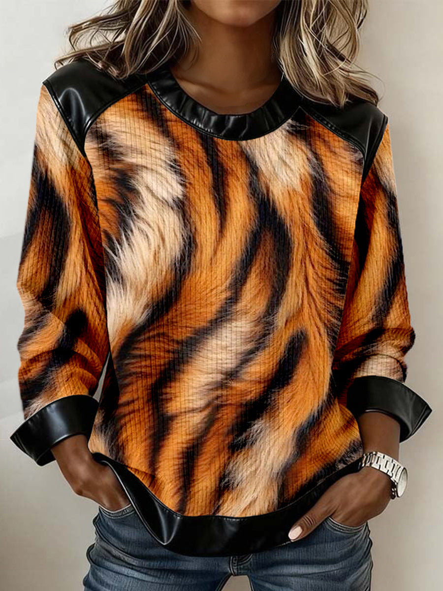 Women's Vintage Leopard Pattern Leather Patchwork Sweatshirt