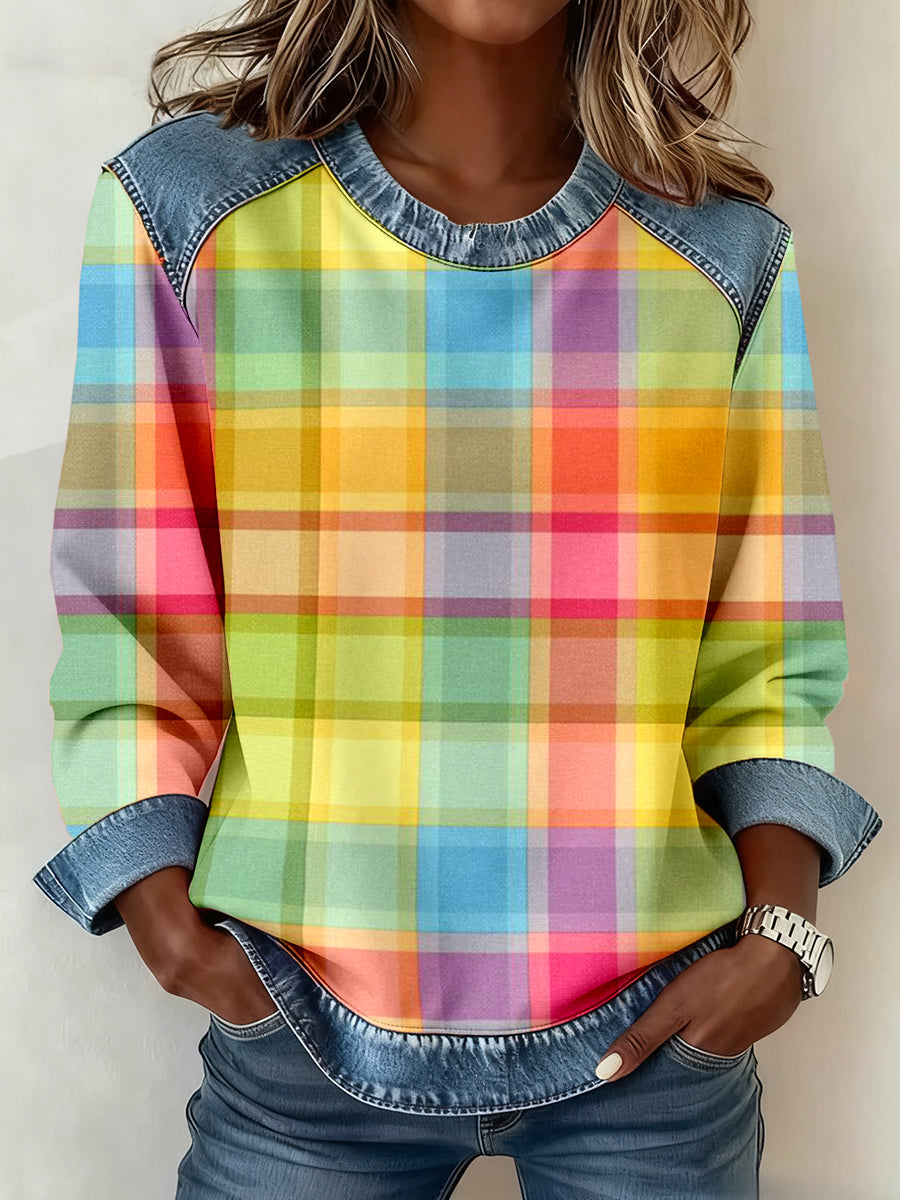 Women's Multicolor Plaid Print Denim Patchwork Sweatshirt