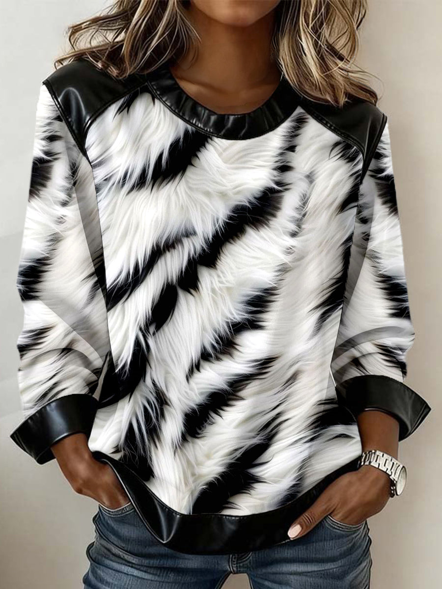 Women's Animal Fur Texture Art Print Leather Patchwork Sweatshirt