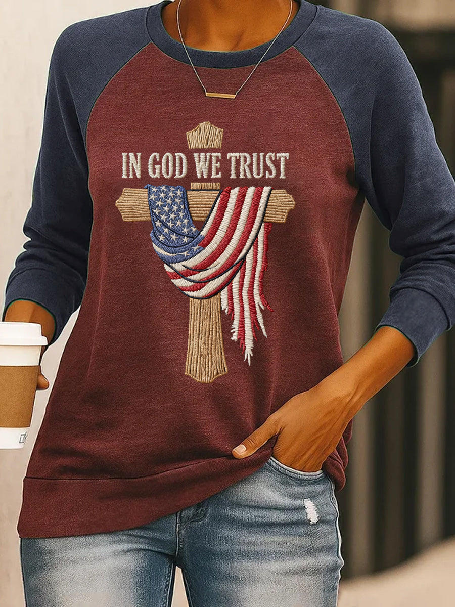 Women's In God We Trust USA Flag Cross Print Casual Sweatshirt
