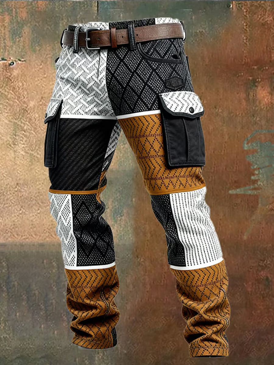 Men's Retro Color Block Distressed Pocket Cargo Pants