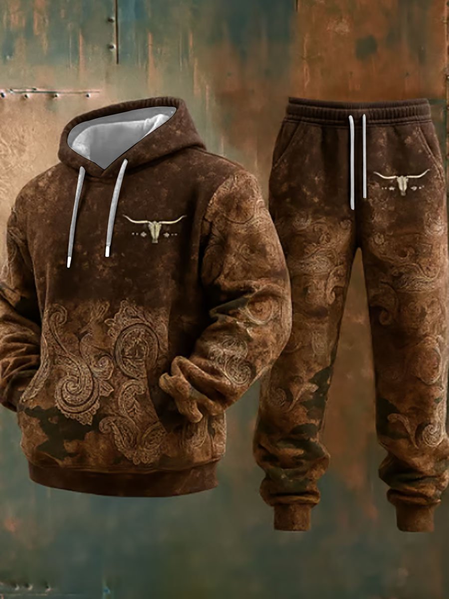 ✈️Free Shipping✈️Men's Western Style Bull Art Print Casual Hooded Trousers Two-Piece Set