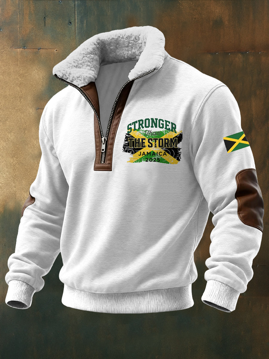 Men's Hurricane Melissa Printed Long Sleeved Stand Up Collar Lambhair Zipper Top