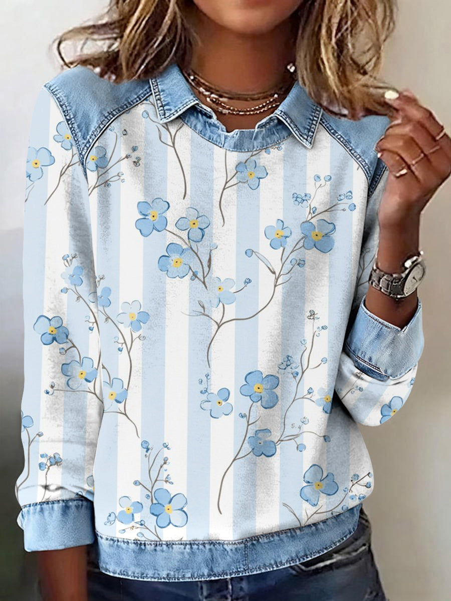 Women's Forget-Me-Not Bloom Printed Patchwork Sweatshirt