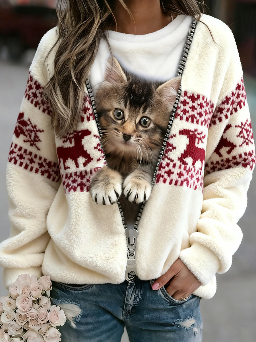 Women's Retro Christmas Animal Art Print Comfortable Flannel Sweatshirt