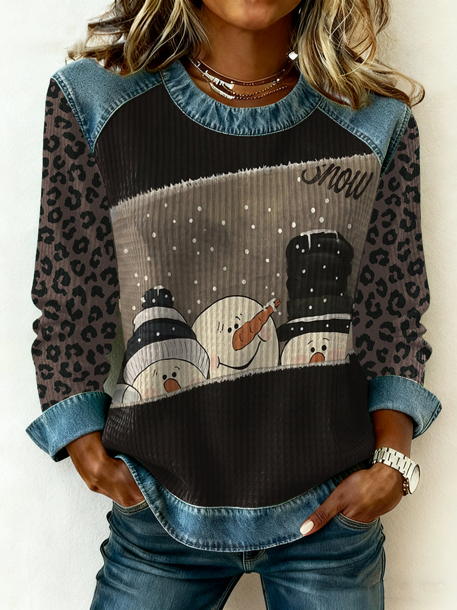 Women's Merry Christmas Art Printed Denim Patchwork Top