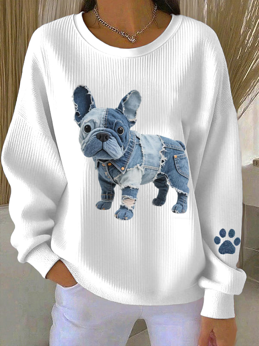 Women's Denim Patchwork Art French Bulldog Pattern Sweatshirt