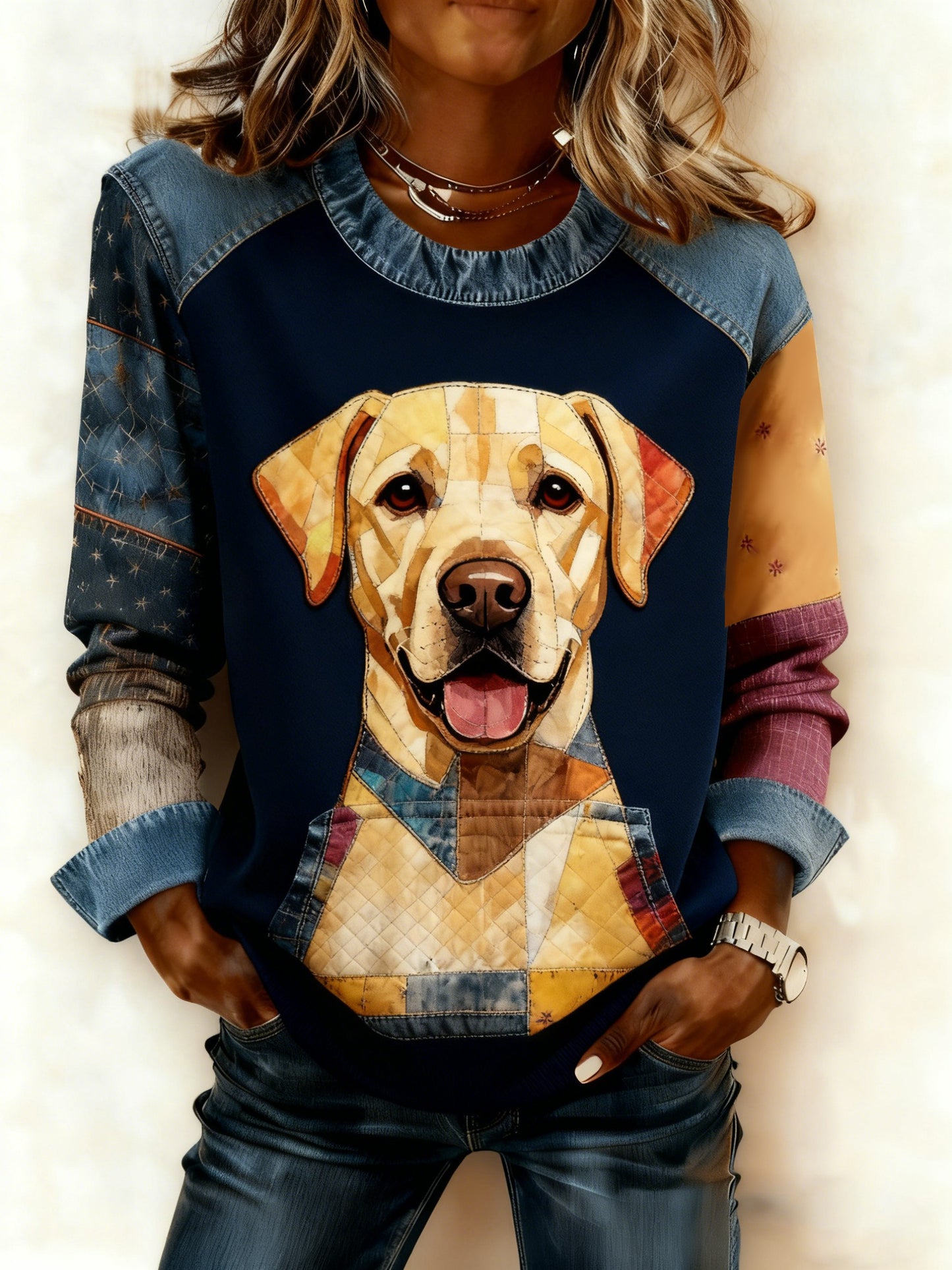 Women's Art Dog Denim Patchwork Sweatshirt