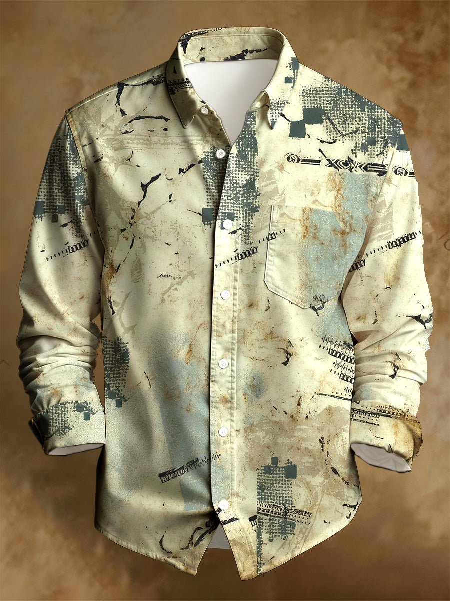 Men's Business Style Retro Distressed Printed Long-Sleeved Shirt