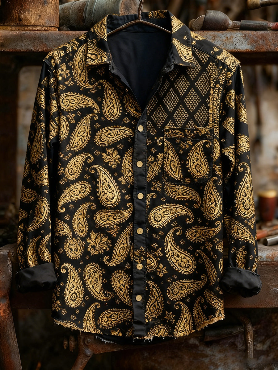 Men's Retro Art Print Casual Comfortable Long Sleeve Shirt