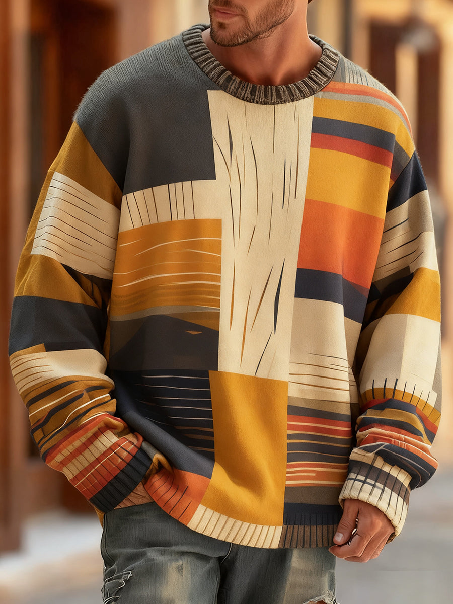 Men's Retro Abstract Art Print Comfortable Knitted Pullover Sweater