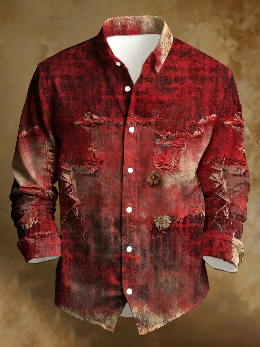 Men's Business Style Distressed Printed Long-Sleeved Shirt