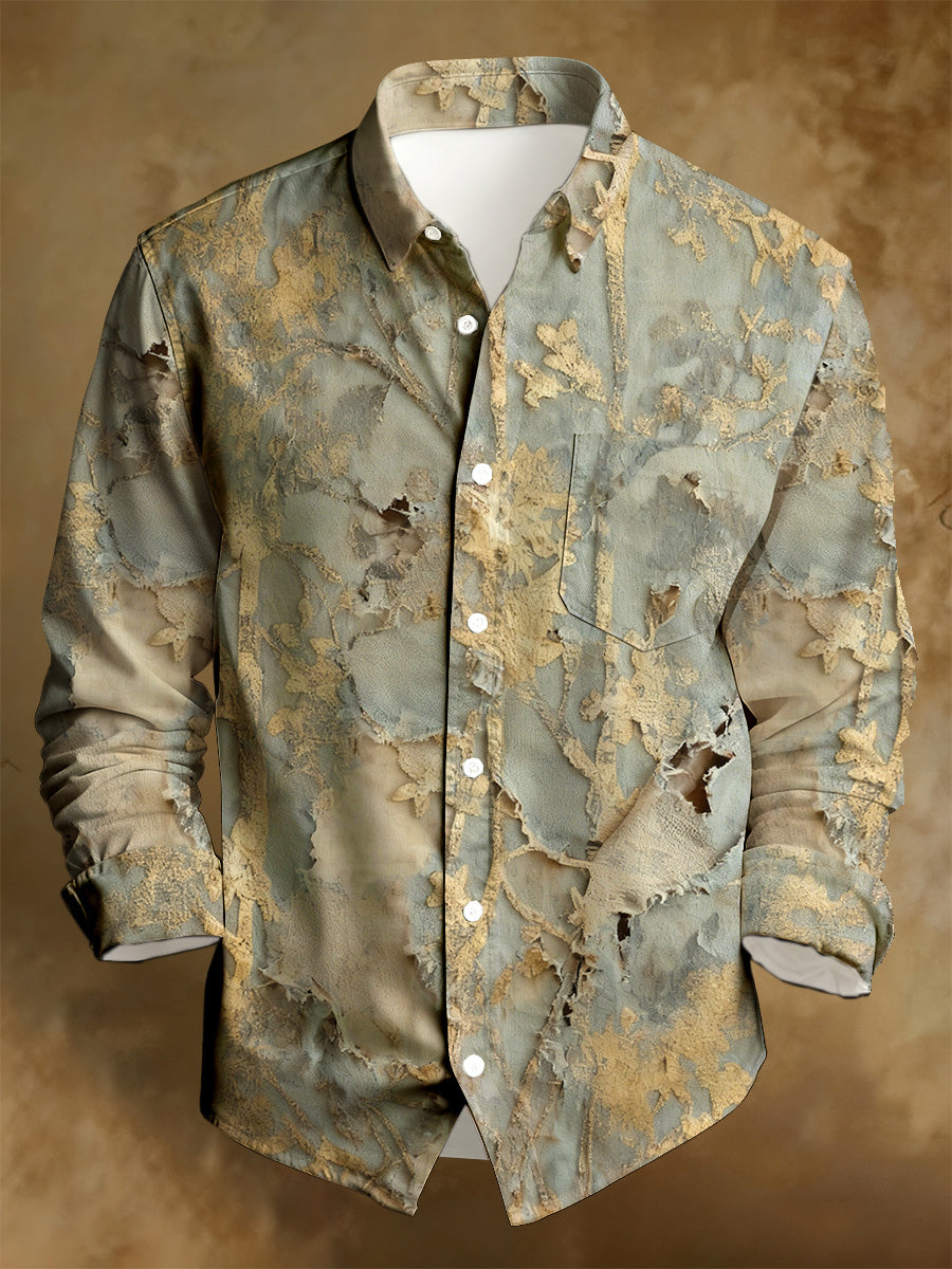 Men's Business Style Distressed Printed Long-Sleeved Shirt