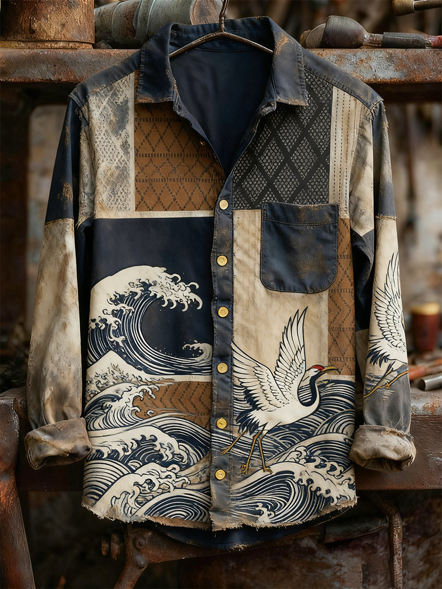 Men's Retro Art Print Casual Comfortable Long Sleeve Shirt