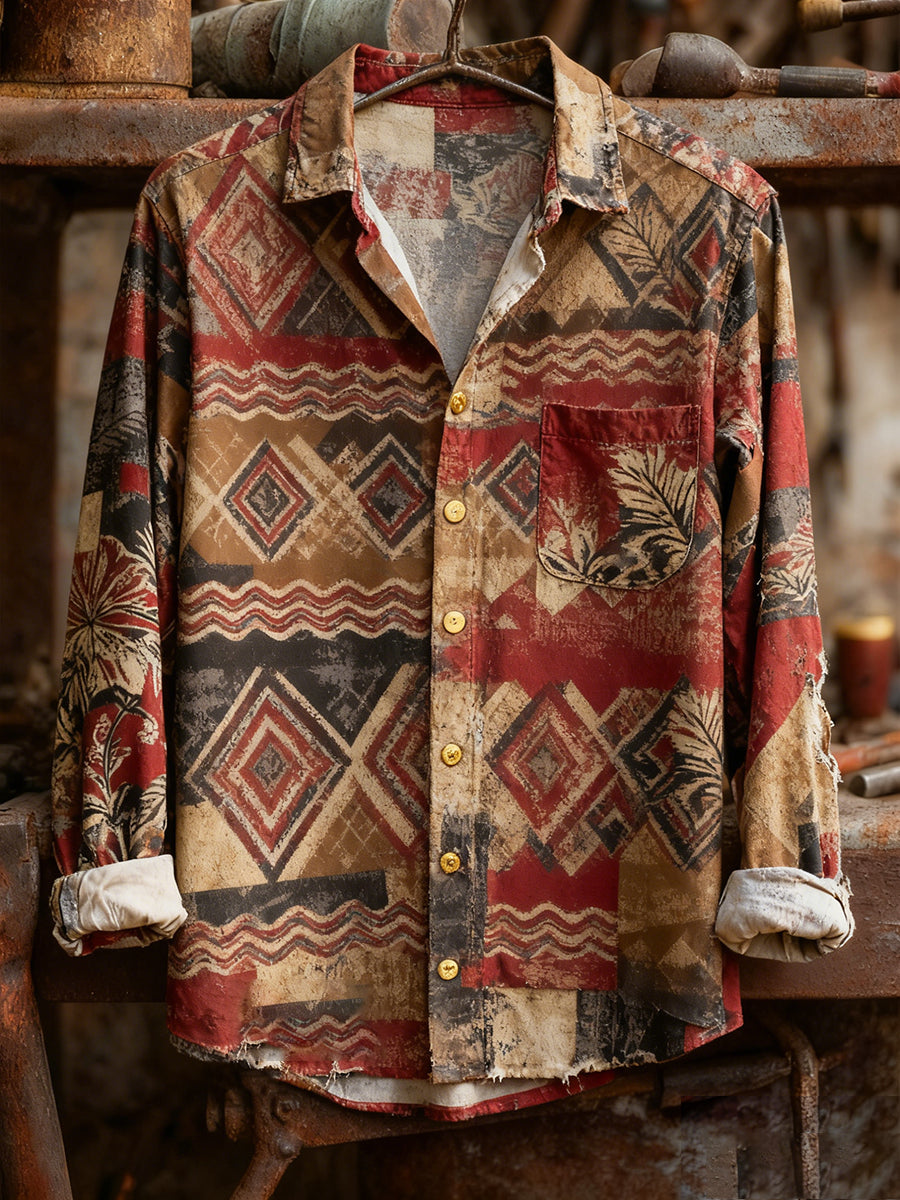 Men's Retro Art Print Casual Comfortable Long Sleeve Shirt