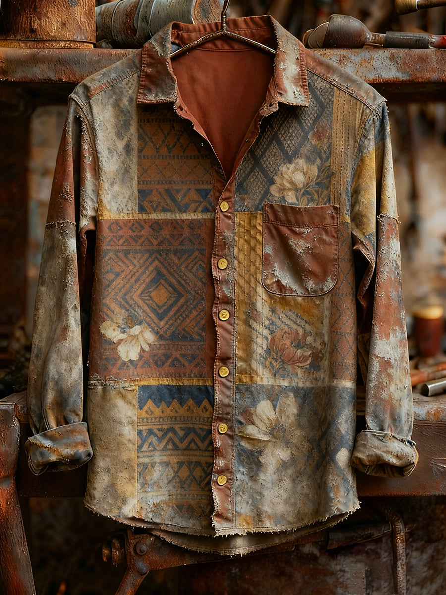 Men's Retro Art Print Casual Comfortable Long Sleeve Shirt