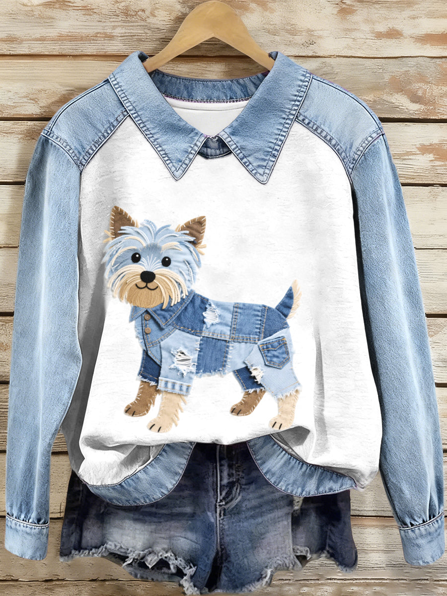 Women's Denim Patchwork Yorkshire Terrier Dog Pattern Sweatshirt