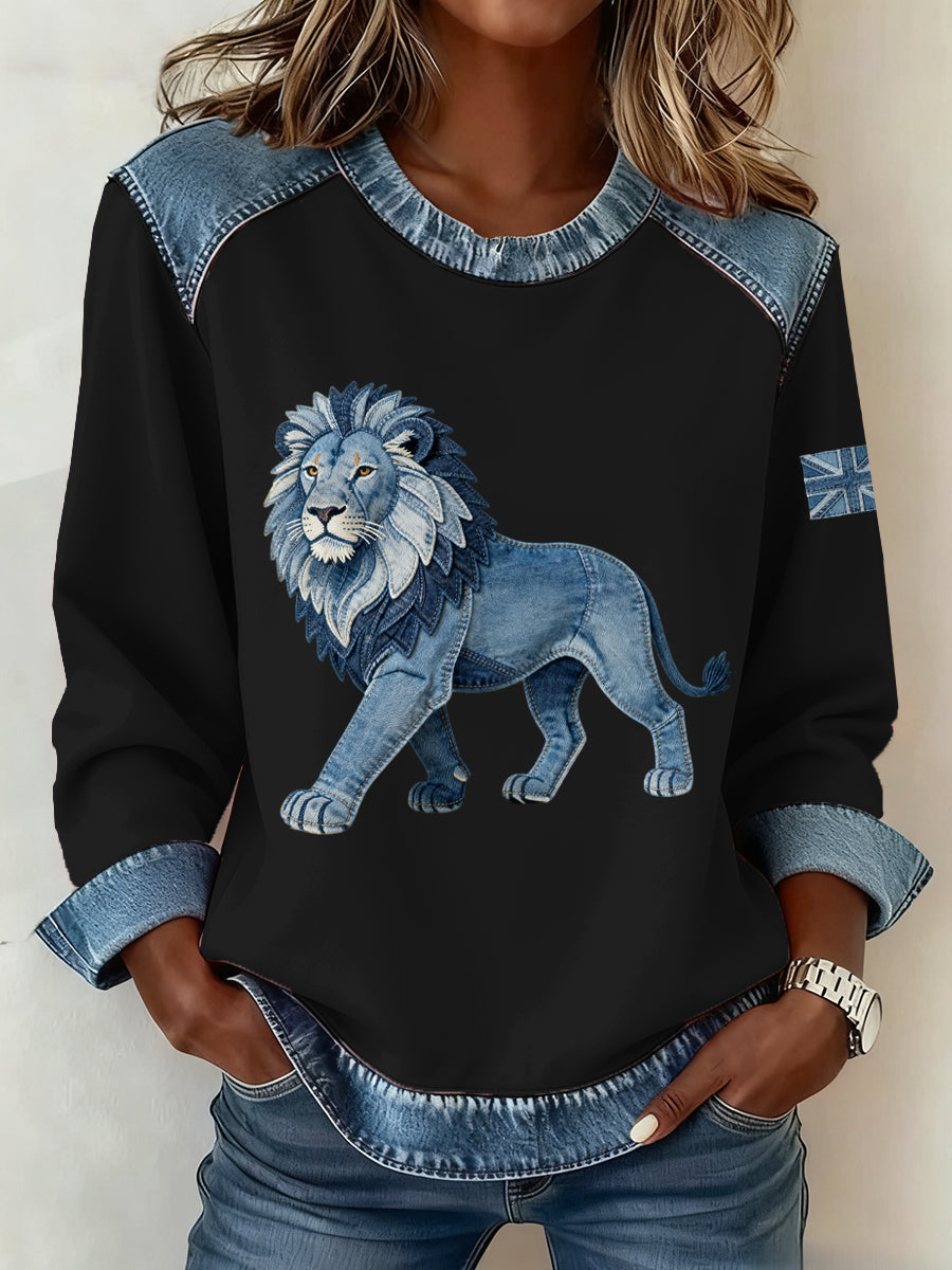 Women's British Style Denim Lion Patchwork Art Sweatshirt