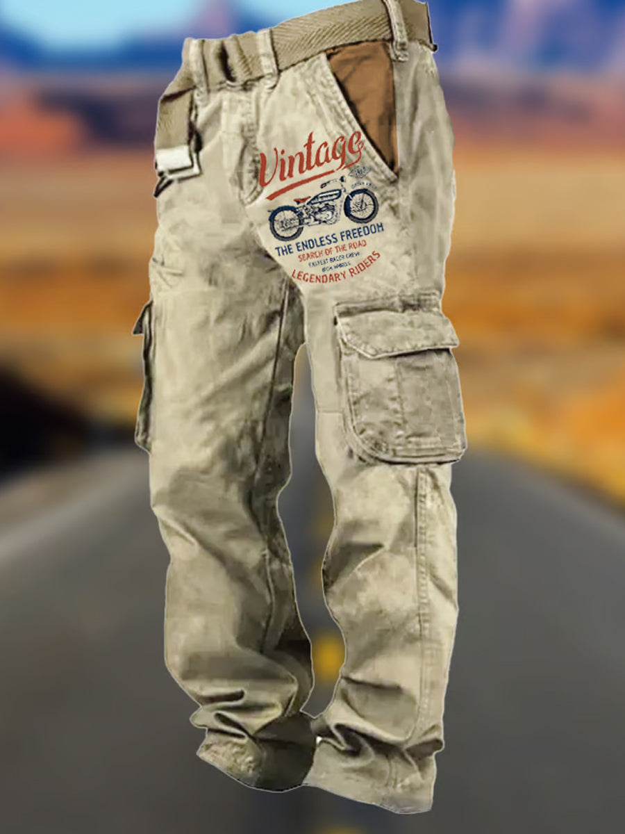 Men's Retro Art Print Multi-Pocket Multi-Functional Cargo Pants