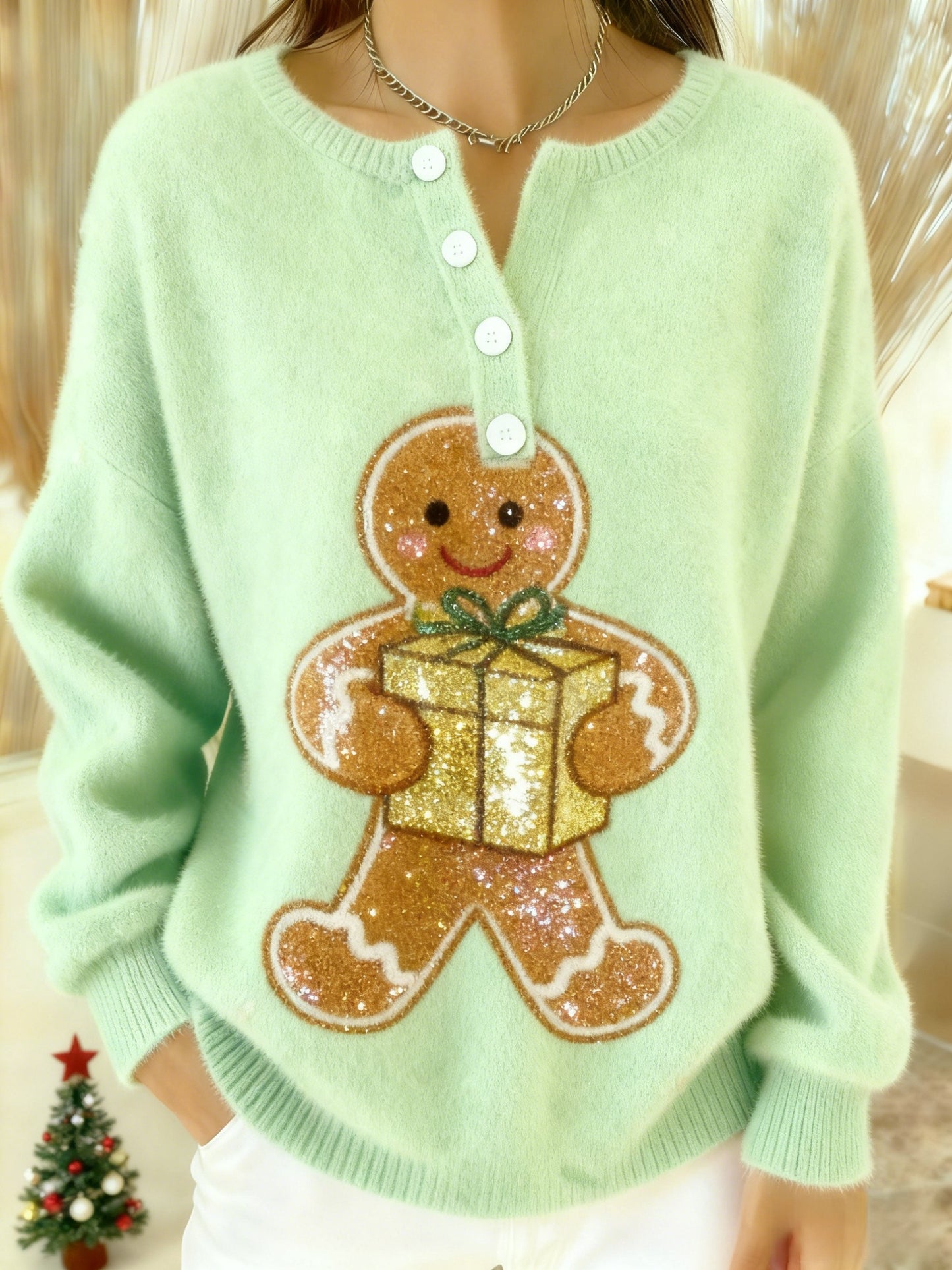 Vintage Christmas Sequin Gingerbread Man Print Comfortable Flannel Sweatshirt