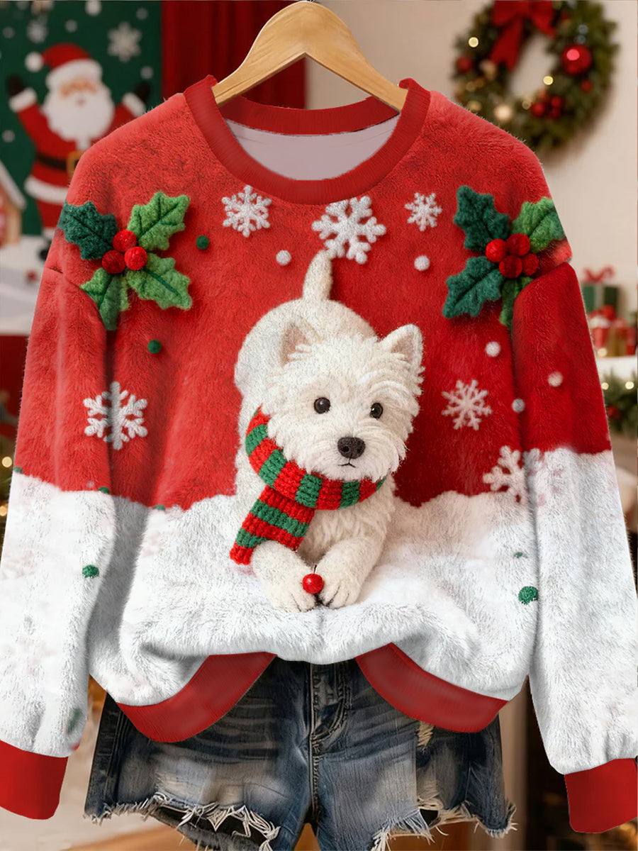 Women's Christmas Cute Dog Pattern Flannel Hoodie
