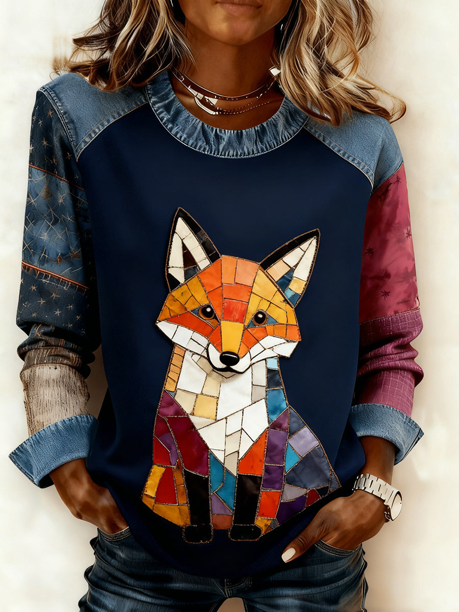 Women's Retro Animal Art Print Comfortable Denim Patchwork Sweatshirt