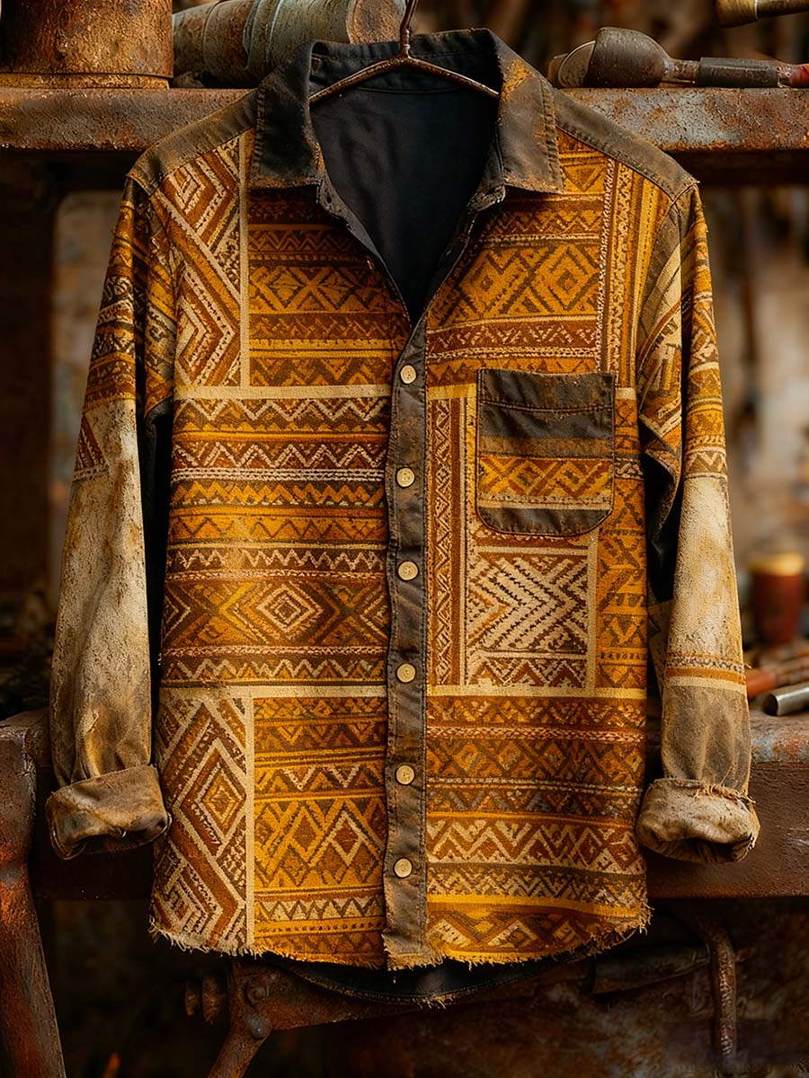 Men's Retro Art Print Casual Comfortable Long Sleeve Shirt