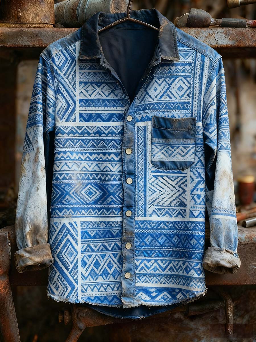 Men's Retro Art Print Casual Comfortable Long Sleeve Shirt