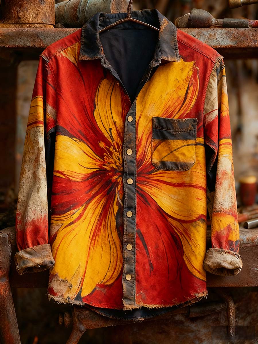 Men's Retro Art Print Casual Comfortable Long Sleeve Shirt