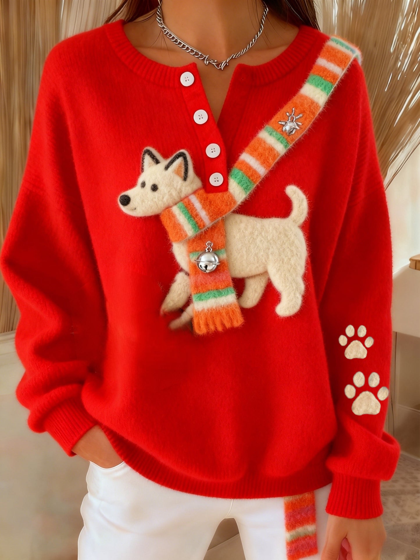 Women's Retro Christmas Cute Fun Snowflake Scarf Dog Art Print Buttoned Cardigan Sweater