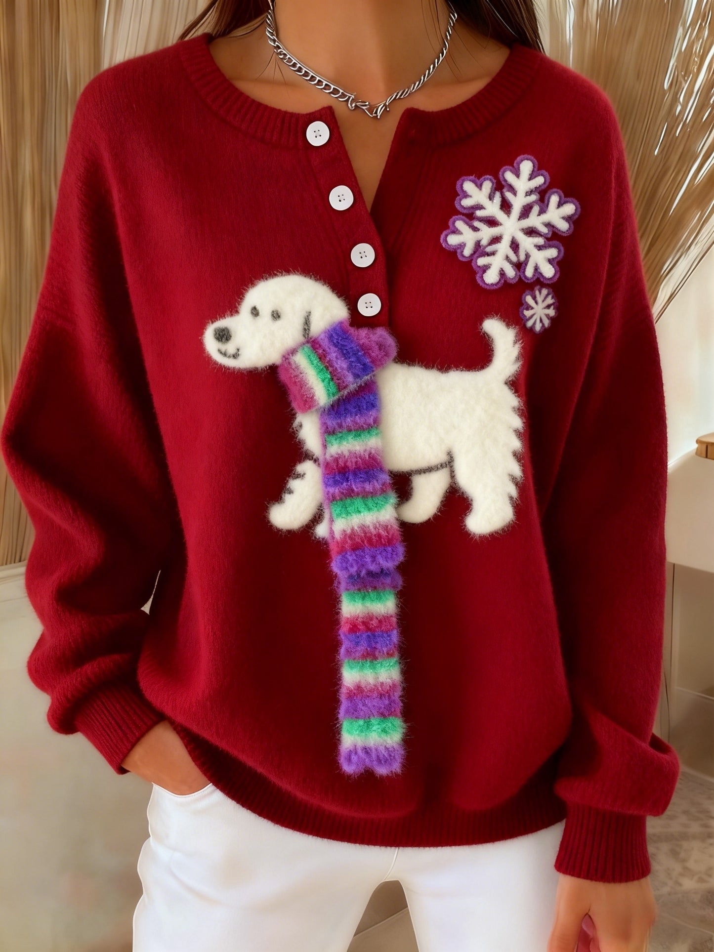 Women's Retro Christmas Cute Fun Snowflake Scarf Dog Art Print Buttoned Cardigan Sweater