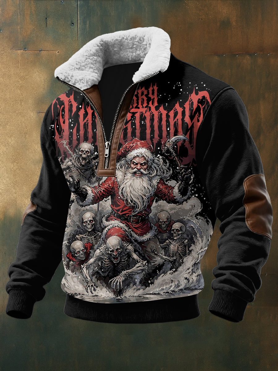 Men's Gothic Santa Claus Printed Long Sleeved Stand Up Collar Lambhair Zipper Top
