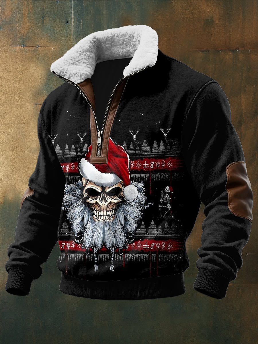 Men's Gothic Santa Claus Printed Long Sleeved Stand Up Collar Lambhair Zipper Top