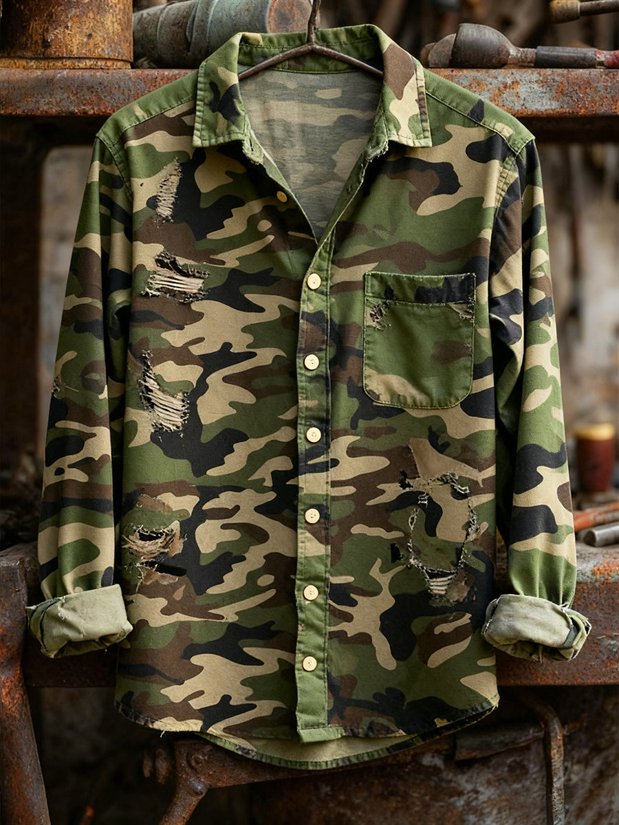 Men's Vintage Christmas Art Print Casual Comfort Long Sleeve Shirt