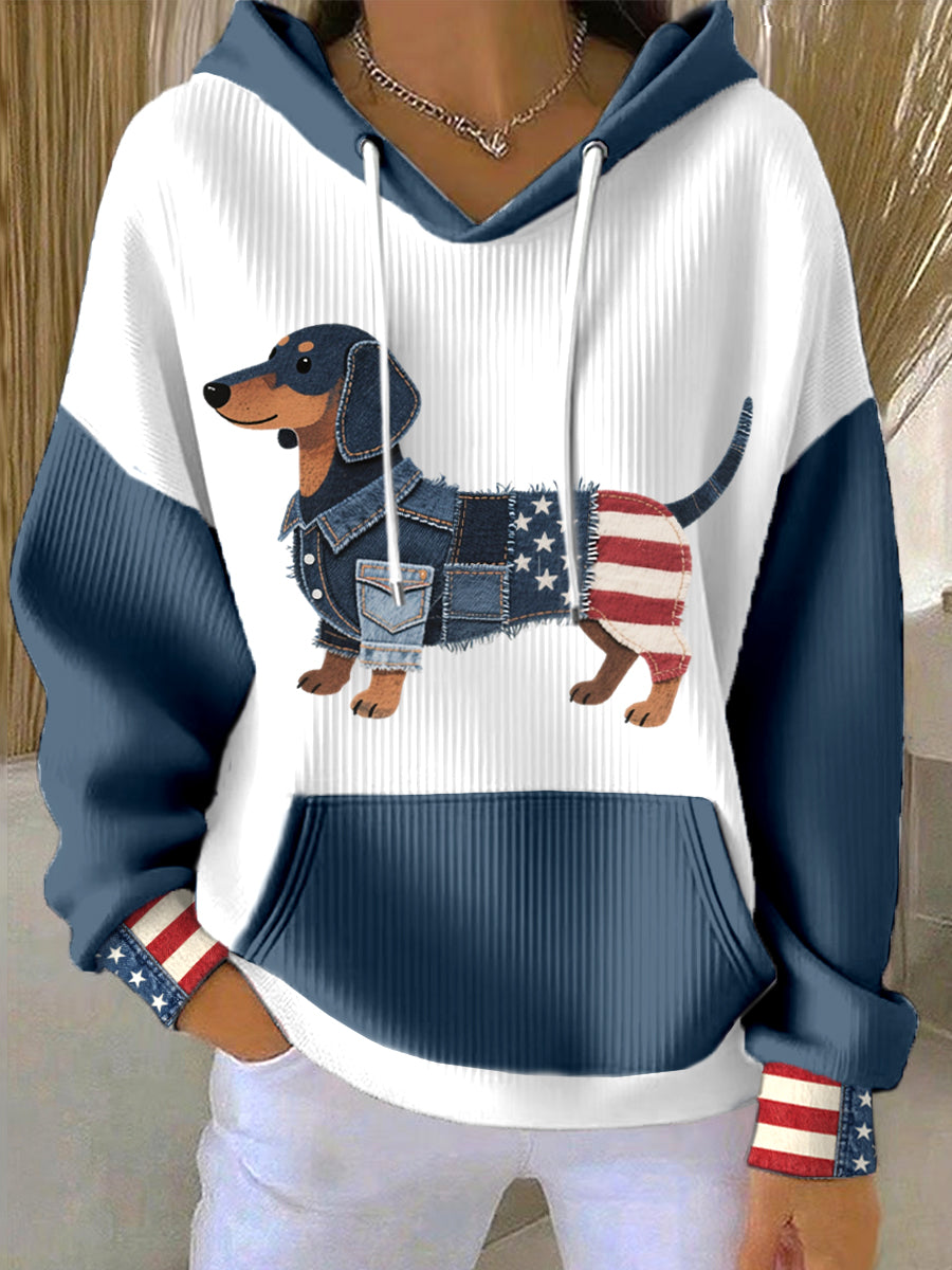 Women's American Flag Inspired Dachshund Denim Patchwork Pattern Hoodie