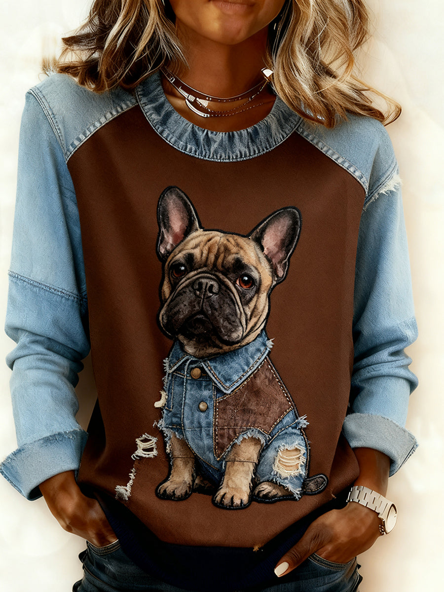 Women's Retro Animal Art Print Comfortable Denim Patchwork Sweatshirt