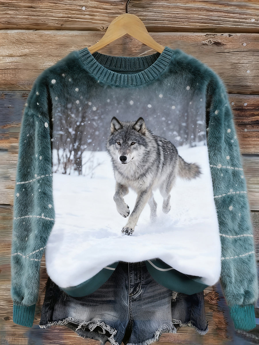 Women's Retro Animal Christmas Art Print Casual Flannel Top